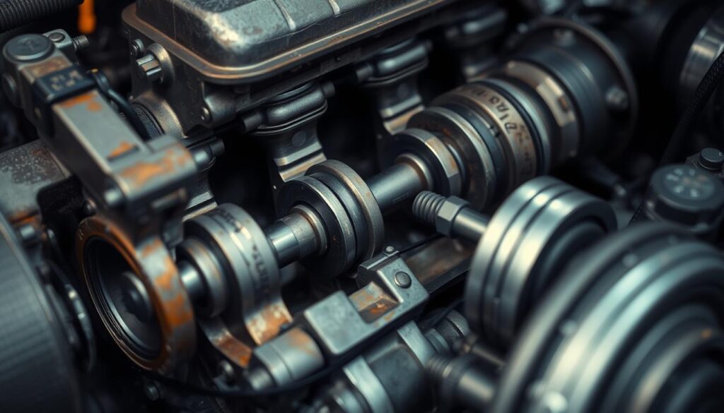 A close-up view of a car engine's internal components, with a focus on the crankshaft and pistons. The engine is partially disassembled, allowing for a detailed examination of the wear and tear on the moving parts. Soft, directional lighting illuminates the intricate mechanisms, revealing the subtle signs of engine failure. The scene conveys a sense of careful inspection and diagnostic assessment, with the goal of identifying the underlying causes of engine seizure. The overall mood is one of technical precision and problem-solving, setting the stage for the "Diagnostyka zatarcia silnika" section of the article.