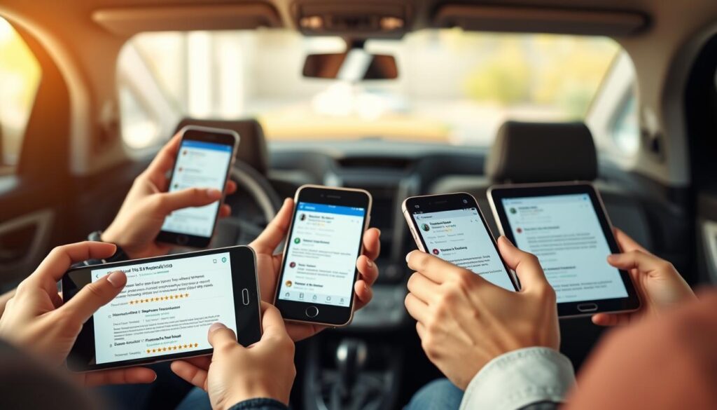 A closeup shot of several people's hands holding smartphones and tablets, displaying various user reviews and ratings of the Hyundai ix35 SUV. The hands are positioned in the foreground, with a blurred background showcasing a modern, minimalist interior design. The overall lighting is soft and natural, creating a warm, approachable atmosphere. The screen displays a mix of positive and negative comments, reflecting the diverse experiences of Hyundai ix35 owners. The composition emphasizes the personal, hands-on nature of the user feedback, conveying a sense of authenticity and real-world insights.