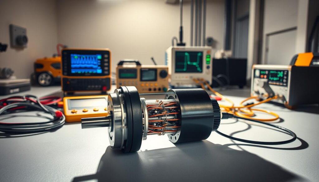 A detailed engineering schematic of a stepper motor, its internal components, and the testing process. The scene is illuminated by bright, directional lighting, casting sharp shadows and highlighting the intricate details. The motor is positioned in the foreground, with a clear view of the rotor, stator, and windings. In the middle ground, various testing equipment, such as a multimeter and oscilloscope, are arranged around the motor, showcasing the step-by-step procedure. The background features a clean, industrial workspace with minimal distractions, allowing the viewer to focus on the technical aspects of the testing process.