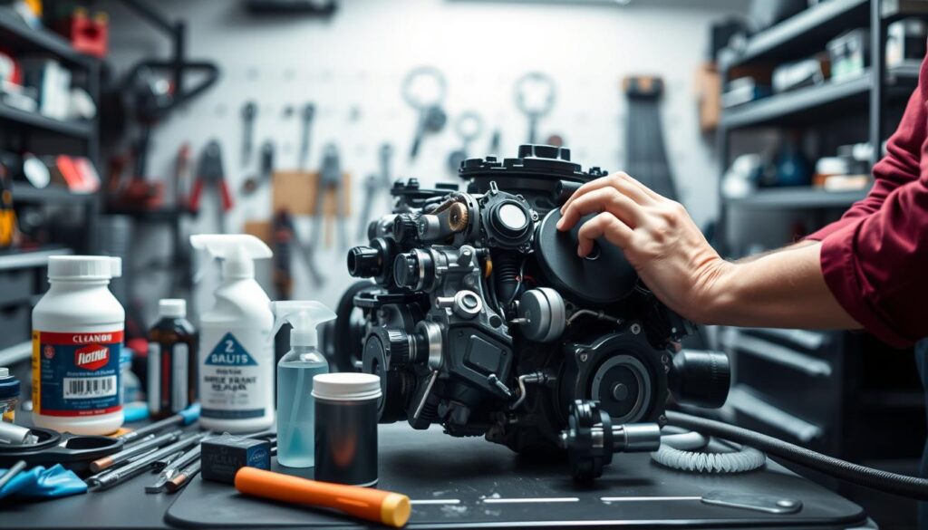 A detailed, step-by-step visual guide to engine cleaning. In the foreground, a mechanic's hands carefully disassembling engine components, showcasing the intricate process. In the middle ground, various cleaning tools and products are neatly arranged, ready for use. The background features a well-lit, organized workshop environment, with shelves of spare parts and tools, creating a sense of professionalism and expertise. The lighting is soft and directional, highlighting the intricate details of the engine and the mechanic's focused work. The overall mood is one of technical precision and attention to detail, reflecting the importance of proper engine maintenance.