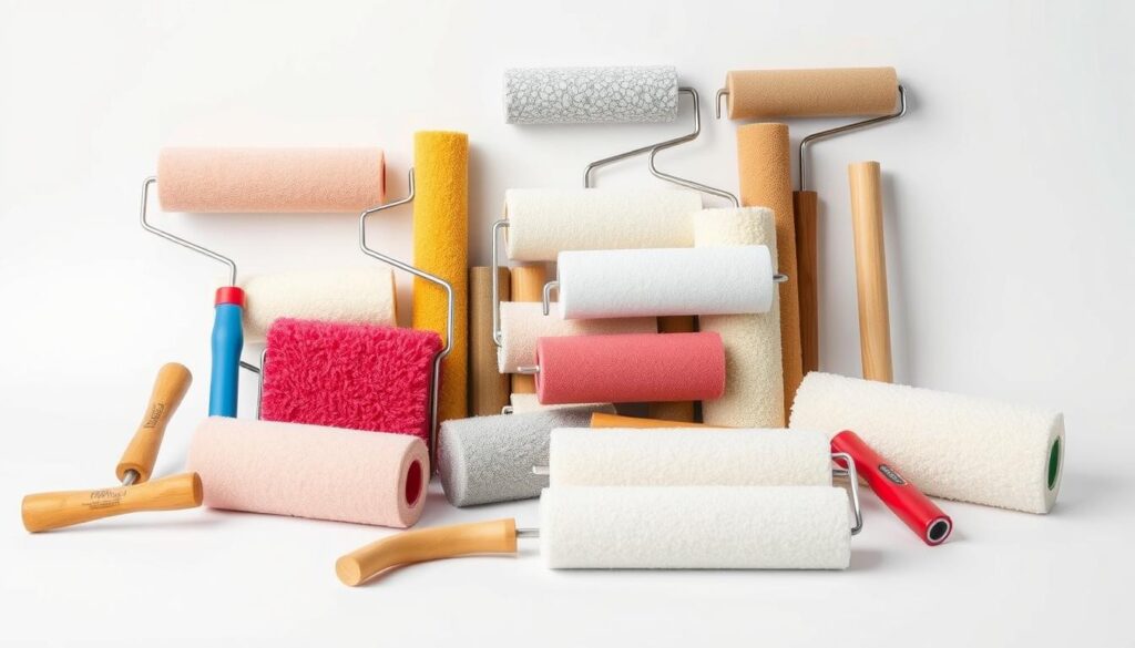A detailed still life photograph of an assortment of different paint rollers and rollers for facade and exterior wall painting. The rollers are displayed on a clean, white background, allowing the viewer to clearly see the various shapes, sizes, and textures. The rollers are arranged in a visually appealing manner, showcasing their diversity and highlighting the unique characteristics of each type. The lighting is soft and even, creating a sense of clarity and emphasizing the details of the rollers. The image conveys a sense of professionalism and attention to the tools used for high-quality exterior painting.