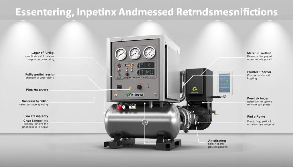 A detailed, technical illustration of essential compressor parameters for plastering, showcasing the key components and specifications in a clean, technical style. The scene features a large, well-lit compressor unit in the center, with a clear view of the control panel, air intake, and exhaust. The background is a neutral, muted tone, allowing the compressor to be the focal point. The lighting is crisp and evenly distributed, emphasizing the metallic surfaces and highlighting the various gauges, dials, and connectors. The perspective is slightly elevated, providing an unobstructed view of the entire compressor. The overall atmosphere is one of precision, functionality, and engineering excellence, conveying the importance of these critical parameters for successful plastering applications.