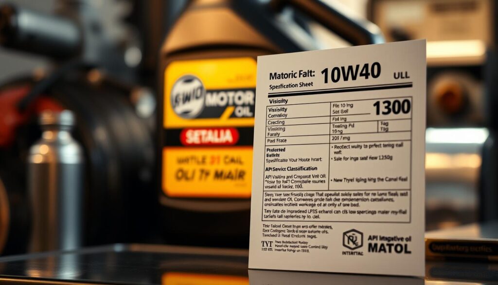A high-quality, detailed image of a 10W40 motor oil specification sheet. The sheet is displayed in the foreground, prominently showcasing the technical details such as viscosity, API service classification, and any other key specifications. The background is a soft, blurred oil-themed setting, perhaps with a metallic or mechanical element to reinforce the automotive context. The lighting is warm and subtle, creating a professional, informative atmosphere. The composition is balanced, with the specification sheet taking up a significant portion of the frame to ensure clarity and legibility.
