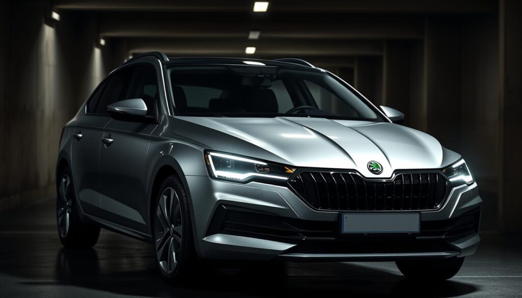 A highly detailed, photorealistic image of a silver 2018 Skoda Octavia 3 hatchback parked in a dimly lit underground garage. The car is depicted in a three-quarter front view, with the headlights and front grille illuminated, casting soft shadows on the surrounding concrete walls. The image showcases the Octavia's sleek, modern design with sharp contours and clean lines. The lighting is dramatic, creating a moody, atmospheric setting that highlights the car's elegant aesthetics. The background is blurred, putting the focus entirely on the vehicle and its technical specifications.