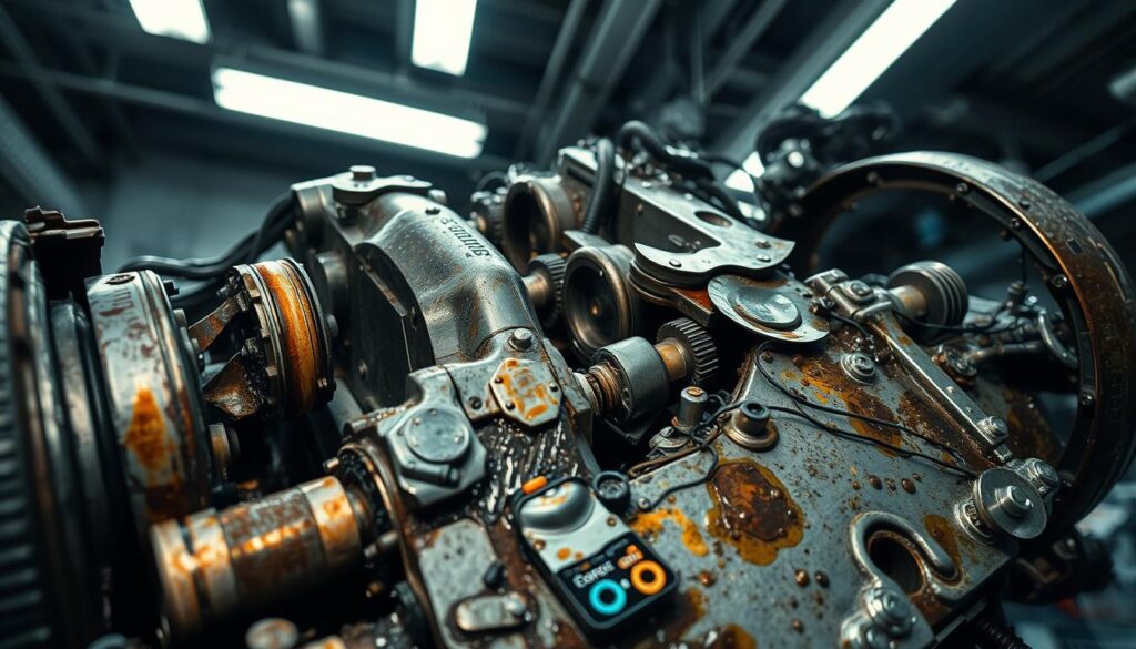 A precision-engineered automobile engine lies in disarray, its once-pristine components scattered amidst a sea of oil and grime. Close-up, the pistons and crankshaft are visibly worn, their surfaces marred by signs of intense friction and heat. The engine block is cracked, revealing the underlying damage that has led to its catastrophic failure. Overhead, harsh fluorescent lighting casts dramatic shadows, heightening the sense of technical decay. This troubling scene, captured from a low, almost ominous angle, conveys the gravity of an engine's demise - the culmination of neglect, abuse, or manufacturing flaws that have ultimately led to its total seizure.
