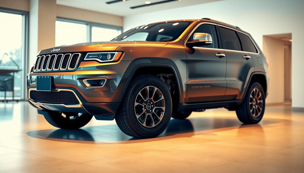 A pristine Jeep Grand Cherokee 3.0 CRD parked in a well-lit, contemporary showroom. The sleek, angular body gleams under the warm, directional lighting, highlighting the vehicle's muscular silhouette and rugged design details. The front grille, headlights, and iconic seven-slot Jeep branding command attention. In the midground, the engine bay is visible, showcasing the intricate 3.0-liter turbodiesel powerplant, its complex components and engineering meticulously rendered. The background is softly blurred, allowing the viewer to focus on the vehicle's impressive technical specifications and engineering prowess. A pristine Jeep Grand Cherokee 3.0 CRD parked in a well-lit, contemporary showroom. The sleek, angular body gleams under the warm, directional lighting, highlighting the vehicle's muscular silhouette and rugged design details. The front grille, headlights, and iconic seven-slot Jeep branding command attention. In the midground, the engine bay is visible, showcasing the intricate 3.0-liter turbodiesel powerplant, its complex components and engineering meticulously rendered. The background is softly blurred, allowing the viewer to focus on the vehicle's impressive technical specifications and engineering prowess.
