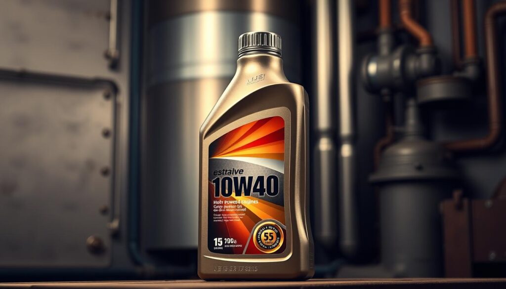 A sleek, high-quality motor oil bottle in a warm, industrial setting. The bottle, prominently displayed, features the "10W40" label in bold lettering, indicating its suitability for gas-powered engines. Soft lighting casts a gentle glow, highlighting the product's premium quality and attention to detail. The background is a subtle blend of metallic textures and muted tones, creating a professional, authoritative atmosphere. The composition emphasizes the bottle's importance, positioning it as the focal point and conveying the message that this oil is the ideal choice for gas-powered engines.