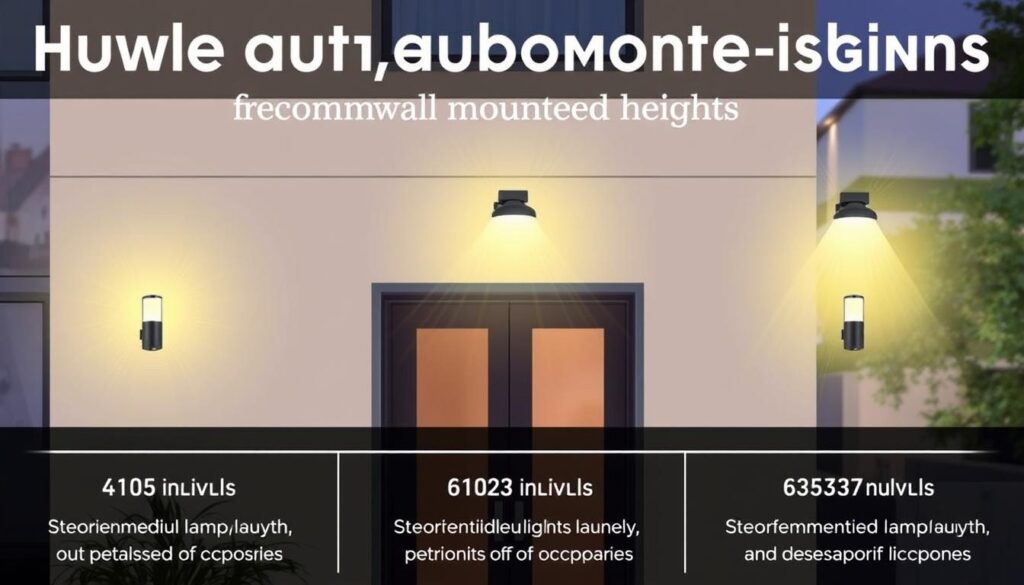 A stylized architectural illustration depicting the recommended heights for outdoor wall-mounted lamps on a residential building facade. The foreground shows a trio of sleek, contemporary light fixtures positioned at varying optimal levels, their warm glow radiating outwards. The middle ground features the facade itself, with clean lines and a minimalist aesthetic. The background gently fades into a softly lit urban environment, conveying a sense of tranquility and ambiance. The overall composition aims to visually communicate the practical guidelines for proper lamp placement, using a visually appealing and informative approach.