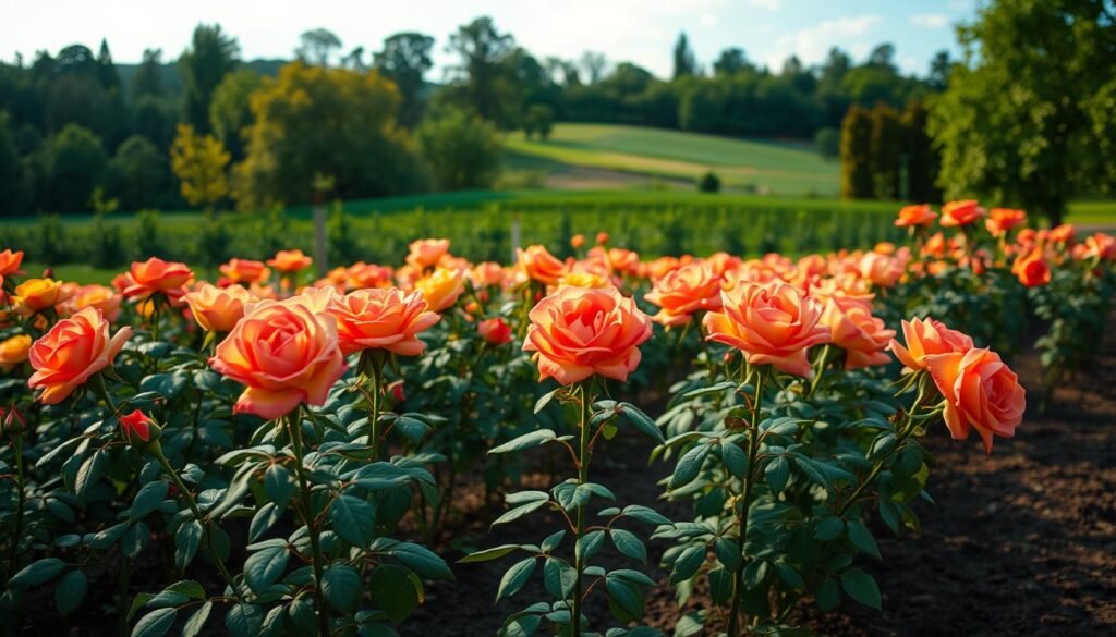A tranquil garden scene with a vibrant array of rose bushes in full bloom, their lush petals unfurling under the warm, golden sunlight. The roses are planted in neat rows, their stems firmly rooted in the rich, dark soil. In the background, a verdant landscape with towering trees and a cloudless sky creates a serene, idyllic atmosphere. The camera angle captures the roses from a low perspective, emphasizing their stately presence and the meticulous care taken in their planting. The overall composition conveys a sense of harmony and the perfect timing for rose cultivation, inviting the viewer to imagine the ideal planting season. A tranquil garden scene with a vibrant array of rose bushes in full bloom, their lush petals unfurling under the warm, golden sunlight. The roses are planted in neat rows, their stems firmly rooted in the rich, dark soil. In the background, a verdant landscape with towering trees and a cloudless sky creates a serene, idyllic atmosphere. The camera angle captures the roses from a low perspective, emphasizing their stately presence and the meticulous care taken in their planting. The overall composition conveys a sense of harmony and the perfect timing for rose cultivation, inviting the viewer to imagine the ideal planting season.