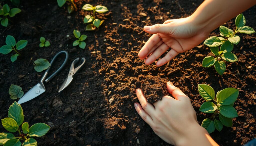 A verdant garden bed, the soil freshly tilled and aerated, with rich, dark earth glistening under the warm, golden sunlight. Delicate gardening tools lie scattered - a hand trowel, a small rake, and a pair of pruning shears - hinting at the meticulous care soon to be bestowed upon the land. In the foreground, a hand gently crumbles the soil, examining its texture and moisture content, ready to amend and prepare the perfect planting environment for the anticipated rose bushes. A sense of anticipation and nurturing pervades the tranquil scene, as the gardener thoughtfully tends to the earth, laying the groundwork for a bountiful rose garden to bloom. A verdant garden bed, the soil freshly tilled and aerated, with rich, dark earth glistening under the warm, golden sunlight. Delicate gardening tools lie scattered - a hand trowel, a small rake, and a pair of pruning shears - hinting at the meticulous care soon to be bestowed upon the land. In the foreground, a hand gently crumbles the soil, examining its texture and moisture content, ready to amend and prepare the perfect planting environment for the anticipated rose bushes. A sense of anticipation and nurturing pervades the tranquil scene, as the gardener thoughtfully tends to the earth, laying the groundwork for a bountiful rose garden to bloom.