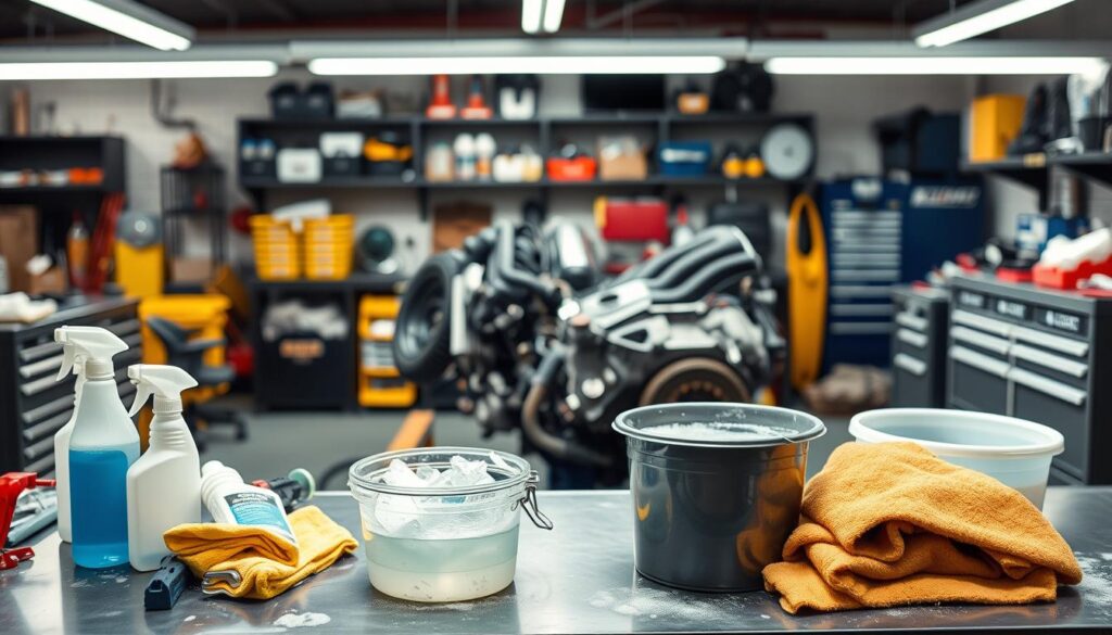 A well-lit automotive workshop, the focus on a neatly arranged workbench with various tools and supplies. In the foreground, a selection of cleaning products, rags, and a bucket filled with soapy water, signifying the preparation for engine washing. The middle ground features the engine block, partially exposed, awaiting the cleaning process. The background showcases the organized workspace, with shelves, toolboxes, and other automotive equipment, creating a professional and efficient atmosphere. The lighting is soft and directional, highlighting the details and textures of the scene, conveying a sense of care and attention to the task at hand.
