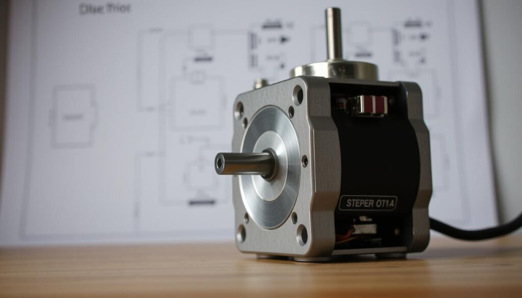 A well-lit close-up view of a stepper motor, its metal housing and electronic components clearly visible. The motor's shaft is protruding, ready to be tested. In the background, a technical schematic or diagram provides context, highlighting key parts and parameters. The lighting is clean, with soft shadows accentuating the textures and details. The overall mood is one of technical precision and analytical focus, inviting the viewer to examine the inner workings of the stepper motor.