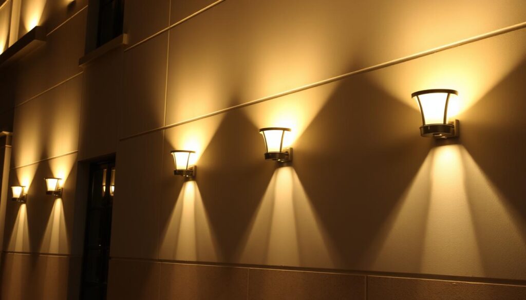 A well-lit exterior wall with strategically placed light fixtures, illuminating the facade and creating a warm, inviting ambiance. The lamps are positioned at optimal heights, casting a soft, even glow that highlights the architectural details. The layout follows industry standards, ensuring visual harmony and practical functionality. Shadows from the lamps create a subtle, three-dimensional effect, adding depth and texture to the scene. The lighting setup is tailored to enhance the overall aesthetic of the building, creating a cohesive and visually appealing facade.