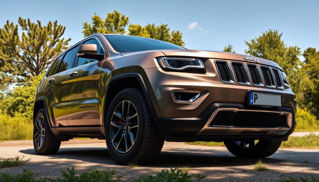 A well-lit, high-resolution photograph of a Jeep Grand Cherokee 3.0 CRD SUV, captured from a low angle to emphasize its imposing presence. The vehicle is parked in a serene, natural setting, with lush greenery and a clear blue sky in the background. The focus is on the SUV's rugged exterior, showcasing its distinctive design elements, such as the prominent grille, bold fender flares, and sleek, aerodynamic body lines. The lighting creates warm, golden hues that accentuate the SUV's metallic finish, giving it a sense of power and refinement. The image conveys a sense of adventure and off-road capability, reflecting the Jeep brand's heritage and the user's experiences with this particular model. A well-lit, high-resolution photograph of a Jeep Grand Cherokee 3.0 CRD SUV, captured from a low angle to emphasize its imposing presence. The vehicle is parked in a serene, natural setting, with lush greenery and a clear blue sky in the background. The focus is on the SUV's rugged exterior, showcasing its distinctive design elements, such as the prominent grille, bold fender flares, and sleek, aerodynamic body lines. The lighting creates warm, golden hues that accentuate the SUV's metallic finish, giving it a sense of power and refinement. The image conveys a sense of adventure and off-road capability, reflecting the Jeep brand's heritage and the user's experiences with this particular model.