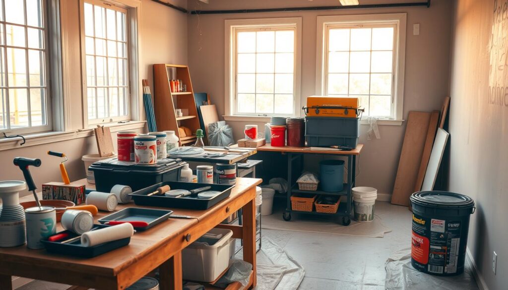 A well-organized workspace with all necessary painting supplies - rollers, trays, brushes, and paint cans - neatly arranged on a sturdy workbench. The room is flooded with warm, natural light streaming through large windows, creating a calm and productive atmosphere. The floors are covered in protective drop cloths, and the walls are cleared of any obstructions, ready for the upcoming painting project. The overall scene conveys a sense of thoughtful preparation, attention to detail, and a focus on efficient workflow.