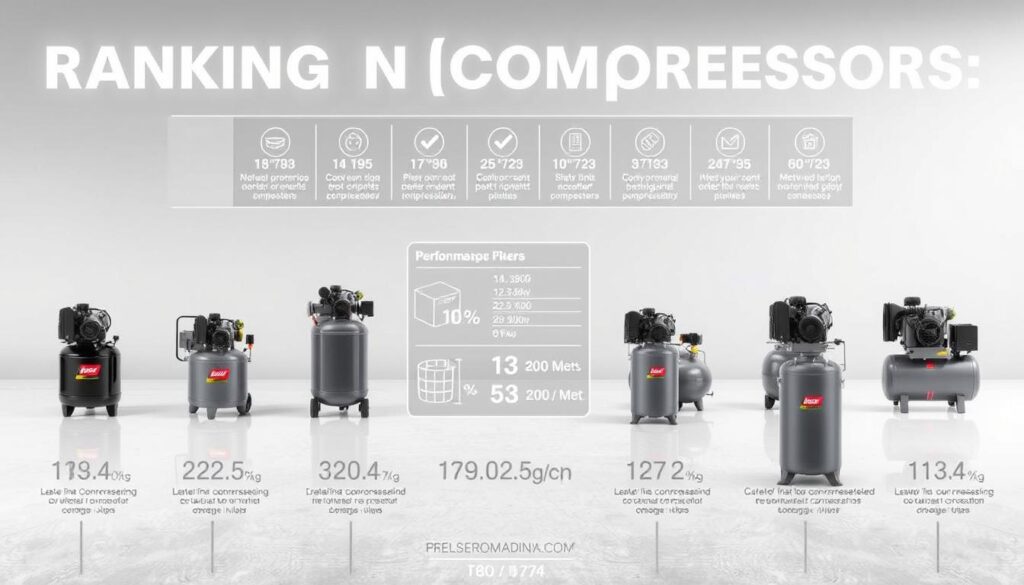 Ranking of compressors for plastering, showcased in a high-quality, well-lit studio setting. The foreground features a lineup of various compressor models, each with their distinct designs and features prominently displayed. The middle ground showcases technical specifications and performance metrics in a clean, infographic-style layout. The background is a neutral, minimalist backdrop that allows the compressors and technical details to take center stage. The overall mood is one of professional, informative presentation, suitable for a comparative review of plastering compressors.