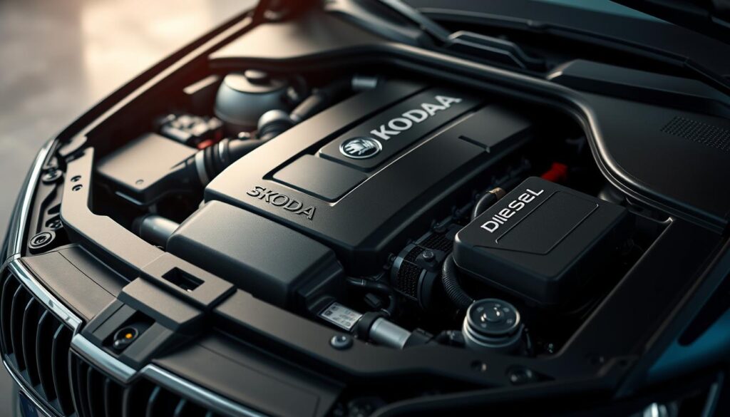 Skoda Octavia 3, a family sedan with a sleek, modern design, showcasing its various engine options. A well-lit, high-resolution close-up view of the engine bay, highlighting the intricate details of the different powertrain choices - a turbocharged gasoline engine, a diesel option, and perhaps a mild-hybrid setup. The lighting should create a sense of depth and emphasize the engineering prowess, while the composition should guide the viewer's attention to the key engine components. The background should be subtly blurred, keeping the focus on the car's heart. Convey a sense of confidence and sophistication, reflecting the Octavia's reputation for reliable, everyday performance.