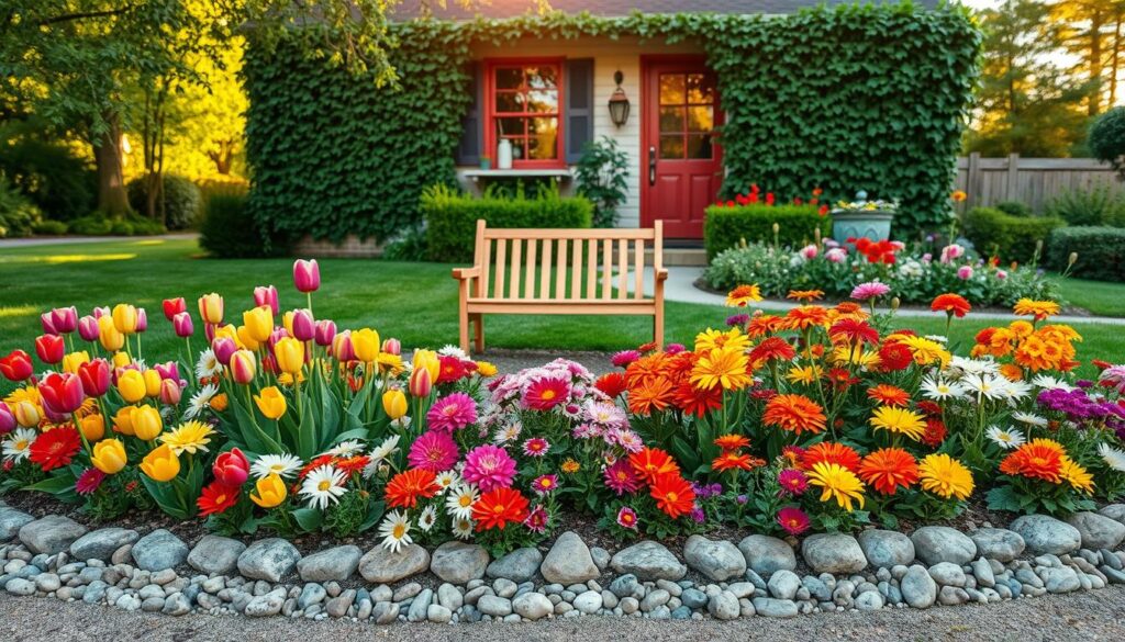 A beautiful garden bed in front of a cozy home, featuring a variety of colorful flowers such as tulips, daisies, and marigolds blooming in rich, vibrant hues. In the foreground, a neatly arranged border of pebbles surrounds the clumps of flowers, creating a tidy look. The middle ground showcases a small wooden bench amidst the blooms, inviting relaxation. In the background, a well-kept lawn leads up to a charming cottage with ivy climbing the walls. Soft, warm sunlight filters through the trees, casting delicate shadows and enhancing the tranquil atmosphere, evoking a sense of peace and inspiration for aspiring gardeners. Capture this scene from a slightly elevated angle to highlight the depth of the flower bed while maintaining the home's inviting charm.