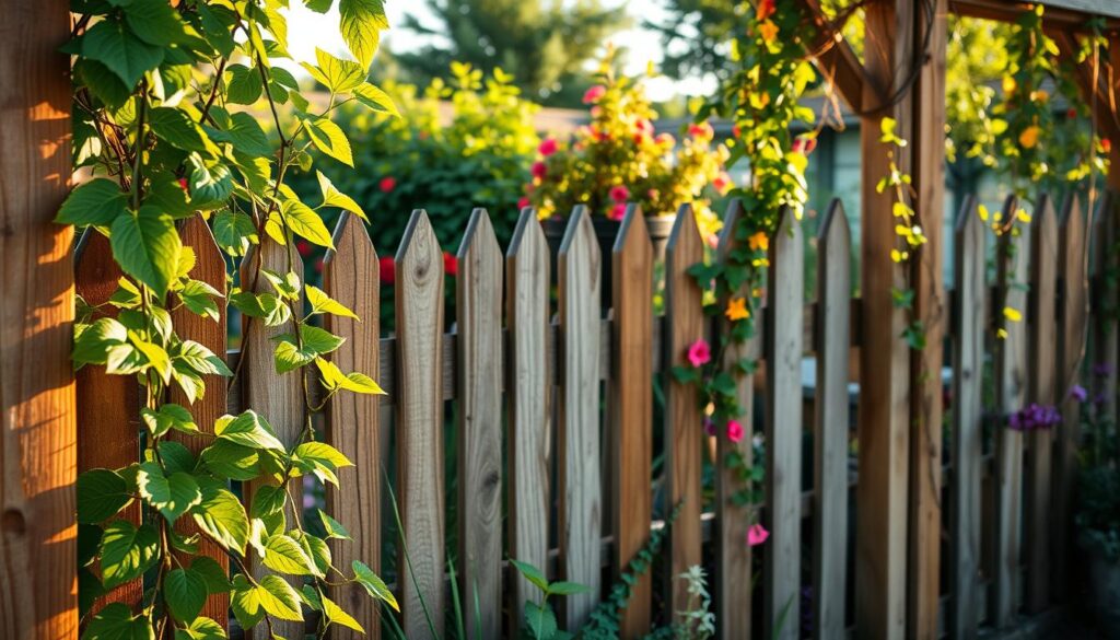 A beautiful garden fence inspiration scene, showcasing a combination of rustic wooden fencing intertwined with vibrant climbing plants. In the foreground, a close-up of intricate woodwork details, with sunlight filtering through green leaves casting playful shadows. The middle ground features a slightly weathered picket fence adorned with colorful flowers and ivy, inviting a sense of warmth and charm. In the background, a lush garden filled with various plants and flowers creates a lively and serene atmosphere. The lighting is soft, golden hour, enhancing the natural beauty of the scene. The angle is slightly elevated, providing a panoramic view to capture the harmony between the fence and the garden, evoking a feeling of peace and inspiration.