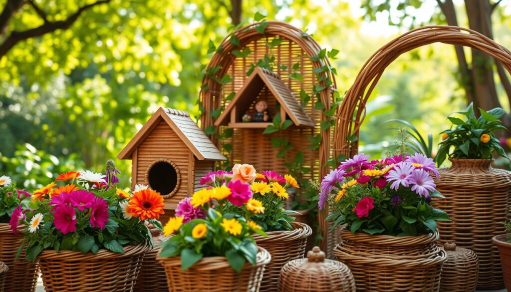 A beautifully arranged display of creative wicker garden decorations. In the foreground, showcase intricately woven wicker flower planters filled with vibrant seasonal flowers, complementing a whimsical birdhouse made from natural wicker. In the middle ground, include a decorative wicker trellis adorned with climbing plants, creating a sense of depth. The background features a lush green garden with sunlight filtering through the branches, casting gentle shadows. The atmosphere is warm and inviting, evoking a sense of tranquility and creativity. Use soft, natural lighting to enhance the textures of the wicker and the colors of the flowers, while capturing the scene from a slightly elevated angle to provide a comprehensive view of the decorations. A beautifully arranged display of creative wicker garden decorations. In the foreground, showcase intricately woven wicker flower planters filled with vibrant seasonal flowers, complementing a whimsical birdhouse made from natural wicker. In the middle ground, include a decorative wicker trellis adorned with climbing plants, creating a sense of depth. The background features a lush green garden with sunlight filtering through the branches, casting gentle shadows. The atmosphere is warm and inviting, evoking a sense of tranquility and creativity. Use soft, natural lighting to enhance the textures of the wicker and the colors of the flowers, while capturing the scene from a slightly elevated angle to provide a comprehensive view of the decorations.