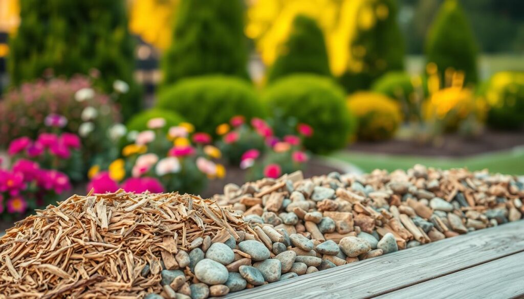 A beautifully arranged garden scene featuring various types of garden bark mulch, artfully showcased on a wooden garden bed. In the foreground, several textures of bark — including shredded cedar, pine nuggets, and decorative river rocks — are displayed, highlighting their unique colors and shapes. The middle ground features vibrant flower beds and lush greenery, creating a harmonious balance with the bark mulch, which also serves as a decorative element. The background is a softly blurred view of well-tended shrubs and trees, bathed in warm, golden evening light. The atmosphere is serene and inviting, reflecting the peacefulness of a well-designed garden. The image is captured with a shallow depth of field, emphasizing the foreground textures against the blurred background.