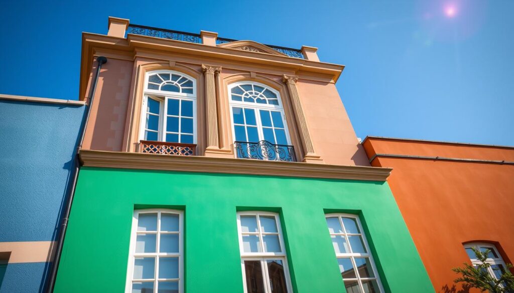 A beautifully designed building facade showcasing a harmonious blend of colors for an elegant exterior. In the foreground, there are vibrant sections of painted wall in shades of blue, green, and warm terracotta, demonstrating effective color combination principles. The middle area features large windows reflecting the colors of the surrounding environment, surrounded by intricate architectural details. In the background, a clear blue sky complements the scene, illuminated by soft, warm sunlight creating a welcoming atmosphere. The composition is captured from a slightly elevated angle to enhance depth, with a focus on showcasing the aesthetic balance of the colors used on the building's exterior.