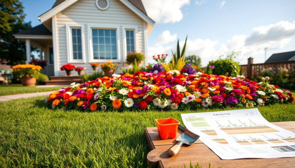 A beautifully designed garden bed in front of a charming house, showcasing an array of colorful flowers including marigolds, petunias, and daisies. In the foreground, a neatly manicured lawn with garden tools like a trowel and planters placed beside a detailed planting plan on a wooden table. The middle ground features a vibrant flower bed with harmonious color schemes and layered planting techniques, emphasizing depth and texture. The background shows a sunny blue sky with soft white clouds, casting gentle, natural light onto the scene. The atmosphere is warm and inviting, suitable for beginners eager to embark on their gardening journey. The angle captures the garden bed head-on, drawing the viewer into the beauty of the design process.