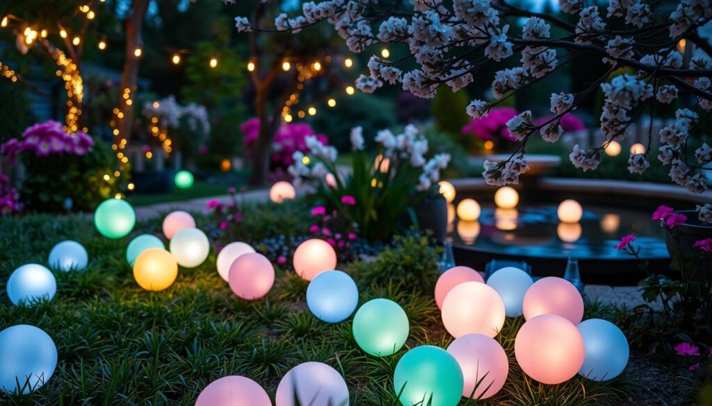 A beautifully landscaped garden at twilight, showcasing creative glowing orbs of light scattered throughout. In the foreground, a circular arrangement of soft, colorful glowing balls made of translucent materials, emanating gentle hues of blue, pink, and green. In the middle ground, lush greenery and vibrant flowering plants enhanced by twinkling fairy lights interwoven among branches. The background features a serene garden pond with reflections of the orbs mirroring on the water’s surface, framed by blooming flowers. The scene is illuminated softly by the ambient glow of the decorations, creating a warm and inviting atmosphere. Captured with a wide-angle lens, the image conveys a peaceful and enchanting mood, perfect for a magical outdoor evening.