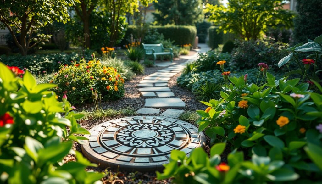 A beautifully landscaped garden featuring a cleverly disguised manhole cover. In the foreground, lush green plants and colorful flowers surround the cover, which is artfully camouflaged with a decorative stone pattern. The middle ground showcases a small decorative bench and a stone pathway winding through the garden. Soft sunlight filters through the leaves, casting gentle shadows, creating a serene and inviting atmosphere. In the background, a mix of trees and bushes adds depth to the scene. The angle is slightly elevated, capturing the overall layout and harmony of the outdoor space. The image should evoke a sense of tranquility and thoughtful gardening design, highlighting practical yet aesthetic solutions for concealing utilitarian elements in a beautiful environment. A beautifully landscaped garden featuring a cleverly disguised manhole cover. In the foreground, lush green plants and colorful flowers surround the cover, which is artfully camouflaged with a decorative stone pattern. The middle ground showcases a small decorative bench and a stone pathway winding through the garden. Soft sunlight filters through the leaves, casting gentle shadows, creating a serene and inviting atmosphere. In the background, a mix of trees and bushes adds depth to the scene. The angle is slightly elevated, capturing the overall layout and harmony of the outdoor space. The image should evoke a sense of tranquility and thoughtful gardening design, highlighting practical yet aesthetic solutions for concealing utilitarian elements in a beautiful environment.