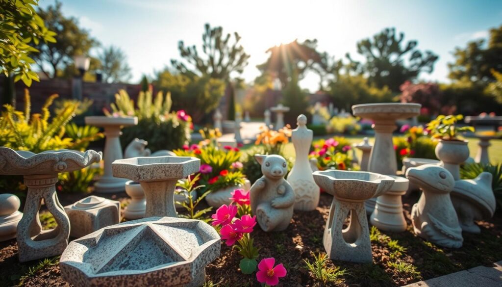 A beautifully landscaped garden featuring unique concrete garden ornaments. In the foreground, display a variety of DIY concrete decorations, such as intricately designed bird baths, geometric planters, and charming garden sculptures, showcasing textures and details of the concrete surfaces. In the middle, lush greenery, vibrant flowers, and small plants complement the ornamental pieces, enhancing the overall aesthetic. In the background, a clear blue sky and soft sunlight filtering through trees create a serene atmosphere. The scene should be captured with a warm, inviting lighting, emphasizing the craftsmanship of the concrete ornaments. Use a shallow depth of field to focus on the details of the ornaments while softly blurring the surrounding garden for a harmonious feel. A beautifully landscaped garden featuring unique concrete garden ornaments. In the foreground, display a variety of DIY concrete decorations, such as intricately designed bird baths, geometric planters, and charming garden sculptures, showcasing textures and details of the concrete surfaces. In the middle, lush greenery, vibrant flowers, and small plants complement the ornamental pieces, enhancing the overall aesthetic. In the background, a clear blue sky and soft sunlight filtering through trees create a serene atmosphere. The scene should be captured with a warm, inviting lighting, emphasizing the craftsmanship of the concrete ornaments. Use a shallow depth of field to focus on the details of the ornaments while softly blurring the surrounding garden for a harmonious feel.