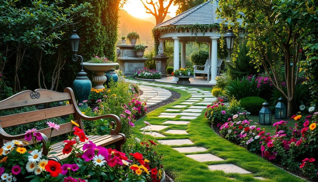 A beautifully landscaped garden showcasing a blend of classic and modern decorative ideas. In the foreground, a charming wooden bench surrounded by vibrant flowers in various colors, including petunias and daisies. In the middle ground, an elegant stone pathway winding through lush greenery, dotted with contemporary garden sculptures and lanterns. The background features a cozy gazebo adorned with climbing vines and fairy lights, bathed in warm, golden hour sunlight. The scene conveys a serene and inviting atmosphere, perfect for relaxation and inspiration. The image should be captured from a slightly elevated angle to encompass the full garden layout, highlighting the harmonious blend of traditional and modern design elements. A beautifully landscaped garden showcasing a blend of classic and modern decorative ideas. In the foreground, a charming wooden bench surrounded by vibrant flowers in various colors, including petunias and daisies. In the middle ground, an elegant stone pathway winding through lush greenery, dotted with contemporary garden sculptures and lanterns. The background features a cozy gazebo adorned with climbing vines and fairy lights, bathed in warm, golden hour sunlight. The scene conveys a serene and inviting atmosphere, perfect for relaxation and inspiration. The image should be captured from a slightly elevated angle to encompass the full garden layout, highlighting the harmonious blend of traditional and modern design elements.