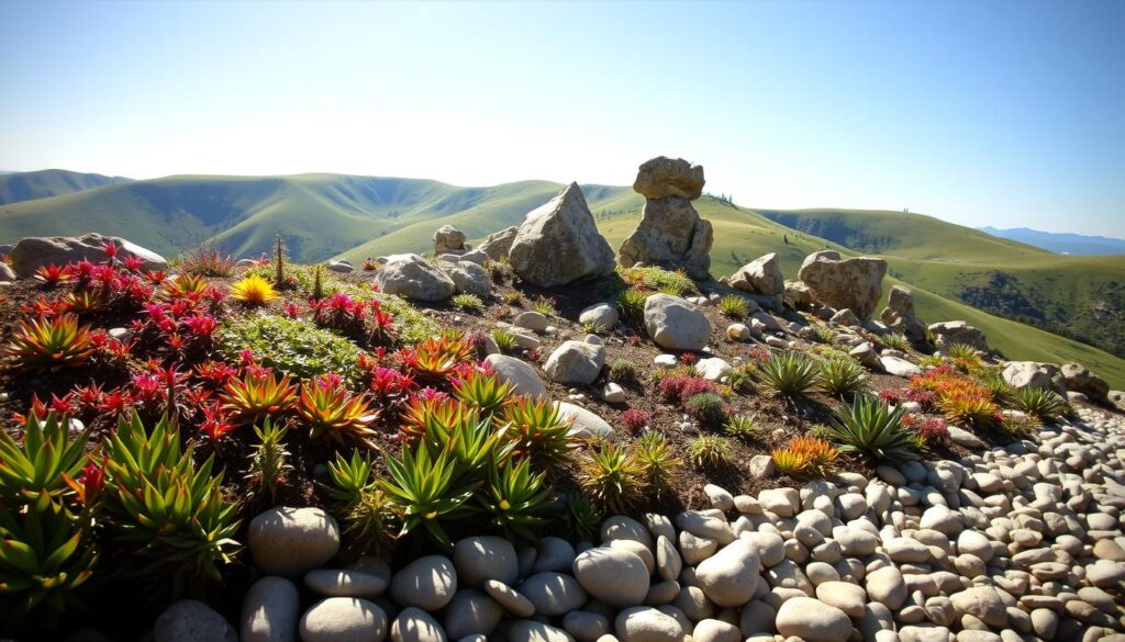 A beautifully landscaped rock garden on a sloped hillside, featuring a mix of vibrant alpine plants such as colorful sedums, delicate saxifrages, and hardy succulents nestled among natural stones of varying sizes. In the foreground, smooth pebbles accentuate the area between the plants, creating a harmonious balance. The middle ground showcases distinct rock formations, arranged artfully to create levels and depth. In the background, soft, sunlit green hills roll gently under a clear blue sky, suggesting a serene and tranquil atmosphere. The image should be well-lit, capturing the warm glow of late afternoon sunlight that enhances the colors of the plants and rocks. Employ a slightly elevated angle to provide a comprehensive view of the garden's layout while retaining the natural beauty of the surrounding landscape. A beautifully landscaped rock garden on a sloped hillside, featuring a mix of vibrant alpine plants such as colorful sedums, delicate saxifrages, and hardy succulents nestled among natural stones of varying sizes. In the foreground, smooth pebbles accentuate the area between the plants, creating a harmonious balance. The middle ground showcases distinct rock formations, arranged artfully to create levels and depth. In the background, soft, sunlit green hills roll gently under a clear blue sky, suggesting a serene and tranquil atmosphere. The image should be well-lit, capturing the warm glow of late afternoon sunlight that enhances the colors of the plants and rocks. Employ a slightly elevated angle to provide a comprehensive view of the garden's layout while retaining the natural beauty of the surrounding landscape.