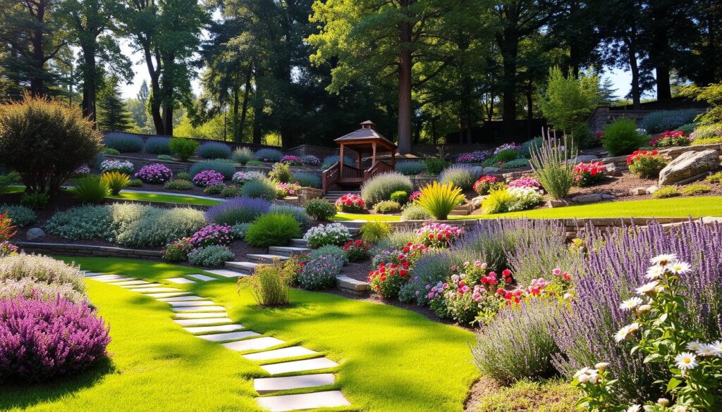 A beautifully landscaped sloped garden, showcasing various terraces filled with vibrant flowers and fragrant herbs. In the foreground, a stone pathway winds through a lush green lawn, leading to areas with ornamental bushes and rock formations. The middle ground features a small wooden gazebo, surrounded by colorful blooms such as daisies, roses, and lavender, creating a natural focal point. In the background, tall trees provide a sense of enclosure, with dappled sunlight filtering through the leaves, casting playful shadows. The scene is bathed in warm afternoon light, evoking a serene and inviting atmosphere, ideal for relaxation and enjoyment in a thoughtfully designed garden space. A beautifully landscaped sloped garden, showcasing various terraces filled with vibrant flowers and fragrant herbs. In the foreground, a stone pathway winds through a lush green lawn, leading to areas with ornamental bushes and rock formations. The middle ground features a small wooden gazebo, surrounded by colorful blooms such as daisies, roses, and lavender, creating a natural focal point. In the background, tall trees provide a sense of enclosure, with dappled sunlight filtering through the leaves, casting playful shadows. The scene is bathed in warm afternoon light, evoking a serene and inviting atmosphere, ideal for relaxation and enjoyment in a thoughtfully designed garden space.