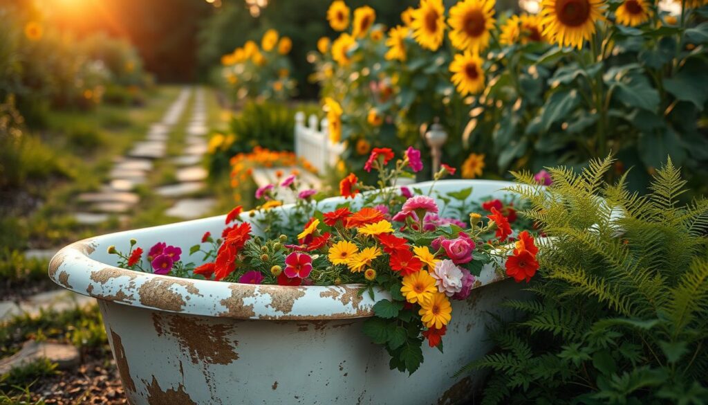 A beautifully rustic garden scene featuring an old, weathered bathtub converted into a flower bed. The bathtub, slightly chipped and covered with patches of moss, is overflowing with vibrant blooming flowers such as petunias and marigolds in various colors. Surrounding the bathtub are lush green plants and delicate ferns, creating a vibrant contrast. In the background, a softly blurred garden path leads through tall sunflowers, under a warm golden hour sun that casts a gentle glow over the scene. The camera angle is positioned low to emphasize the flowers spilling over the edges of the bathtub, creating an inviting and serene atmosphere, perfect for a garden oasis. A beautifully rustic garden scene featuring an old, weathered bathtub converted into a flower bed. The bathtub, slightly chipped and covered with patches of moss, is overflowing with vibrant blooming flowers such as petunias and marigolds in various colors. Surrounding the bathtub are lush green plants and delicate ferns, creating a vibrant contrast. In the background, a softly blurred garden path leads through tall sunflowers, under a warm golden hour sun that casts a gentle glow over the scene. The camera angle is positioned low to emphasize the flowers spilling over the edges of the bathtub, creating an inviting and serene atmosphere, perfect for a garden oasis.