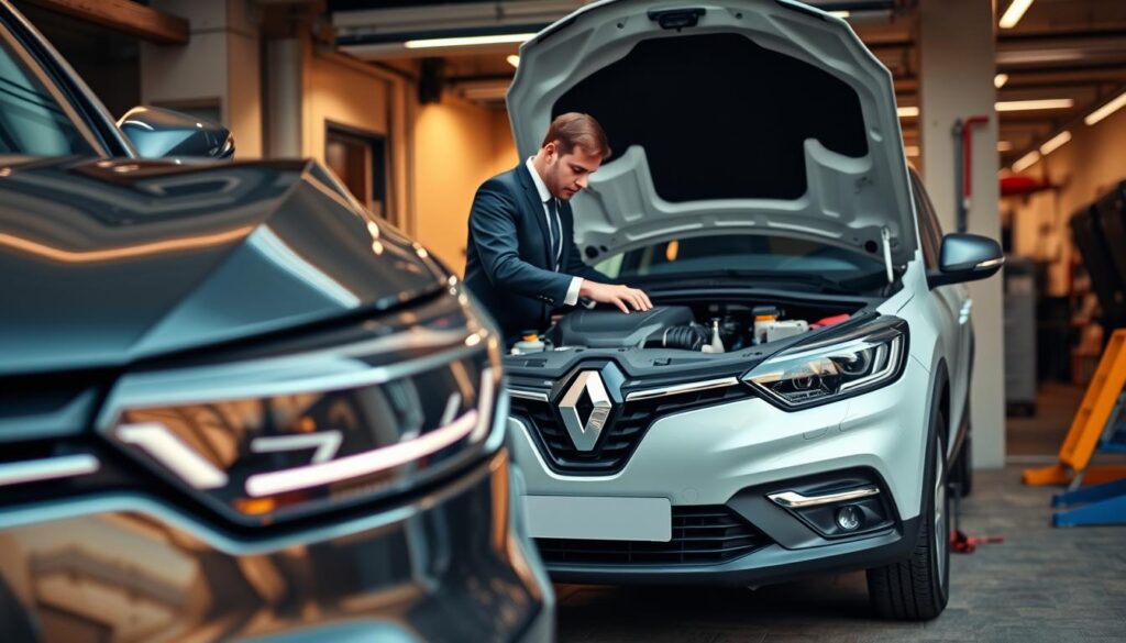 A captivating automotive scene featuring a Renault Kadjar parked in an urban environment, showcasing the sleek design and various engine options available. In the foreground, focus on the car's details, including the front grille and sleek headlights, emphasizing its modern styling. In the middle ground, place a mechanic in professional business attire examining the engine hood, equipped with tools and looking thoughtfully at the engine components. The background should depict a garage with soft, ambient lighting, creating a warm atmosphere. Use a wide-angle lens perspective to capture the car and mechanic harmoniously, ensuring the scene conveys a sense of expertise and trustworthiness. The overall mood is professional and informative, encouraging a sense of reliability in the Renault Kadjar's engine performance.