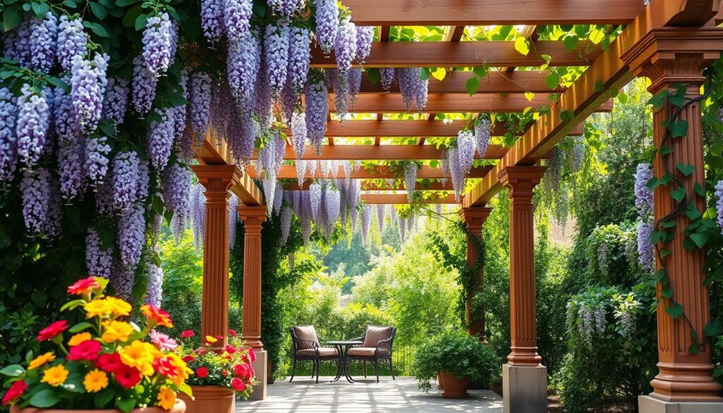 A charming wooden pergola adorned with lush climbing plants like wisteria and ivy, creating a romantic and inviting atmosphere. In the foreground, vibrant flowers in pots add color, while the pergola is supported by elegantly carved posts. The middle ground features a cozy seating area with stylish outdoor furniture beneath the pergola, surrounded by greenery for a sense of privacy. In the background, soft, diffused sunlight filters through leaves, casting gentle shadows, enhancing the tranquil mood. The scene is captured at a slight angle to showcase the depth and layers of the garden setting. The overall ambiance is serene and idyllic, perfect for relaxation and connection with nature. A charming wooden pergola adorned with lush climbing plants like wisteria and ivy, creating a romantic and inviting atmosphere. In the foreground, vibrant flowers in pots add color, while the pergola is supported by elegantly carved posts. The middle ground features a cozy seating area with stylish outdoor furniture beneath the pergola, surrounded by greenery for a sense of privacy. In the background, soft, diffused sunlight filters through leaves, casting gentle shadows, enhancing the tranquil mood. The scene is captured at a slight angle to showcase the depth and layers of the garden setting. The overall ambiance is serene and idyllic, perfect for relaxation and connection with nature.