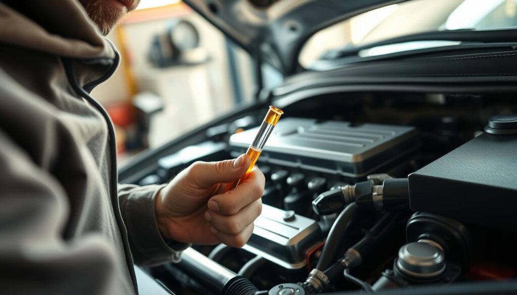 A close-up of a mechanic checking the engine oil level in a car, capturing an engaging perspective from the side. The mechanic, wearing modest casual clothing, holds a dipstick with oil on it, attentively inspecting the oil level. The engine should be visible in the background, with various components clearly defined, creating an environment of professionalism. Soft, natural lighting illuminates the scene, highlighting the shiny metal parts of the engine and the textured surfaces of the dipstick. The atmosphere feels focused and educational, suggesting a guide on vehicle maintenance, with a hint of warmth from the sunlight filtering through a nearby garage window. The angle should be slightly above eye level to emphasize the action of checking the oil.
