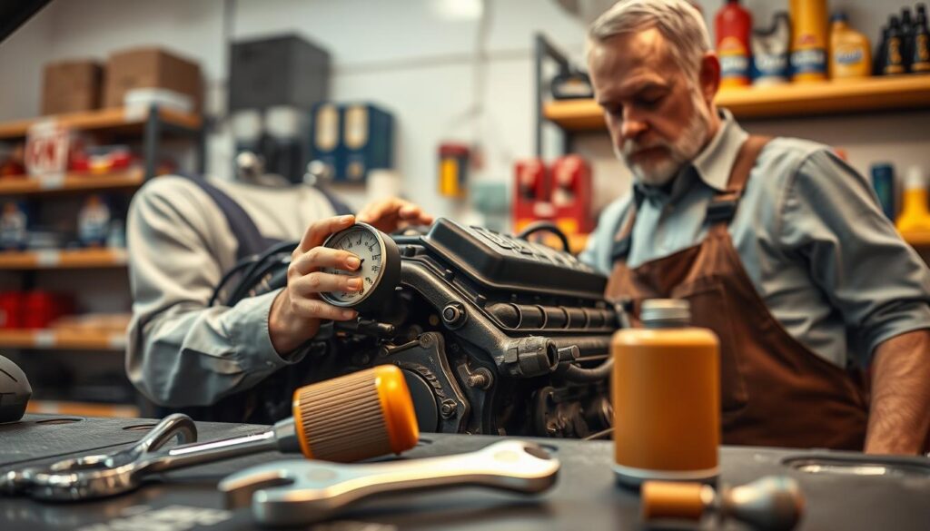 A close-up of a mechanic checking the oil pressure of an engine, positioned in a well-lit garage. The mechanic, a middle-aged individual in a professional shirt and work overalls, holds a gauge next to the engine, focused on the readings. In the foreground, detailed tools such as a wrench and oil filter are neatly arranged. In the middle, the engine block is partially visible, revealing its intricate components. The background features shelves stocked with various automotive supplies under soft, warm lighting that creates a professional and inviting atmosphere. The overall mood reflects diligence and expertise, highlighting the importance of monitoring oil pressure in vehicle maintenance.