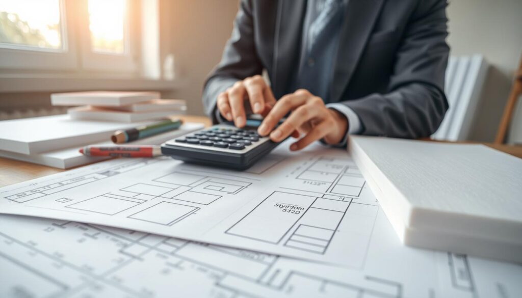 A close-up of a professional architect calculating insulation needs with a calculator and technical drawings on a desk. In the foreground, a detailed blueprint featuring precise measurements of Styrofoam panels is spread out. The middle ground has a well-organized workspace with drafting tools and Styrofoam sheets in various sizes. The background shows a window with soft natural light streaming in, creating an inviting atmosphere that emphasizes clarity and accuracy. The architect, dressed in smart business attire, appears focused and engaged in the calculation process. The overall mood conveys professionalism, precision, and the benefits of accurate calculations in construction. The image should be bright and well-lit, highlighting the importance of meticulous work in achieving effective insulation solutions.