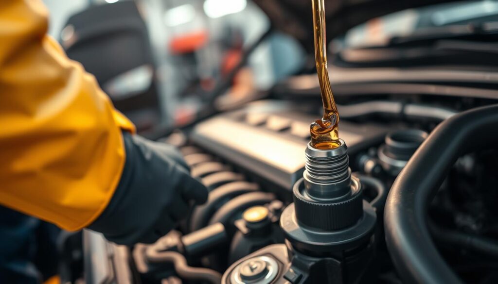 A close-up of a well-maintained car engine with a focus on the oil dipstick being checked by a person in professional attire, wearing safety gloves. The foreground features the person's hand holding the dipstick, glistening with fresh oil, while the background shows a clean garage environment with proper lighting highlighting the engine's intricate parts. The image captures a sense of responsibility and care for vehicle maintenance, with soft, warm lighting enhancing the reassuring atmosphere of safety and diligence. The perspective is slightly angled, providing depth and drawing attention to the importance of regular oil checks in engine health. A close-up of a well-maintained car engine with a focus on the oil dipstick being checked by a person in professional attire, wearing safety gloves. The foreground features the person's hand holding the dipstick, glistening with fresh oil, while the background shows a clean garage environment with proper lighting highlighting the engine's intricate parts. The image captures a sense of responsibility and care for vehicle maintenance, with soft, warm lighting enhancing the reassuring atmosphere of safety and diligence. The perspective is slightly angled, providing depth and drawing attention to the importance of regular oil checks in engine health.