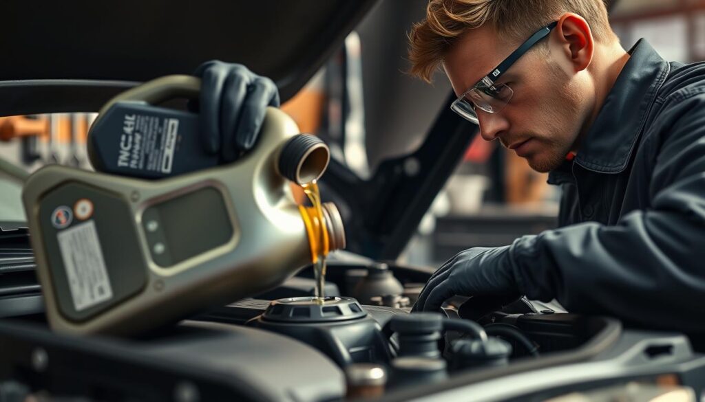 A close-up scene of a mechanic in professional attire pouring engine oil into an open engine compartment. The mechanic, wearing gloves and safety goggles, focuses intently on the task at hand, ensuring precision and care. The foreground features a shiny, clean oil container with visible labeling. In the middle ground, the engine is detailed, showcasing various components like the oil cap and engine block, with soft reflections of ambient light to emphasize cleanliness and safety. The background includes a softly blurred garage setting with tools hanging neatly and warm, natural light spilling in, creating a professional and safe atmosphere. The overall mood is focused and diligent, highlighting the importance of safety while performing mechanical tasks.