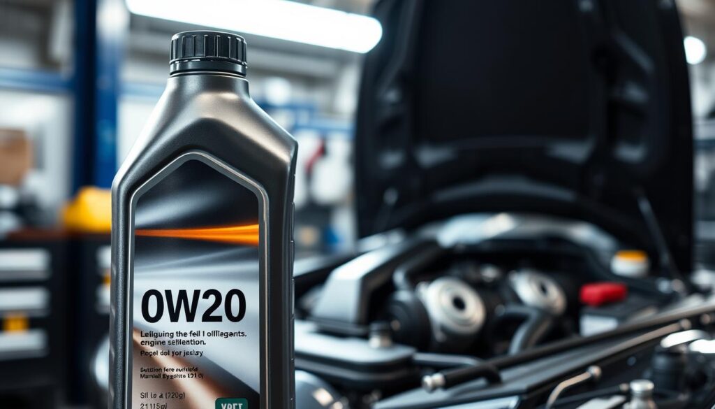 A close-up view of a 0W20 engine oil bottle prominently displayed in the foreground, designed with a modern, sleek label showcasing its suitability for various engines. In the middle ground, a clean and well-lit engine bay with visible components like the oil filter and engine block, emphasizing the oil's role in engine performance. The background features a blurred mechanic workshop environment with tools and equipment subtly illuminated, creating a professional and technical atmosphere. The lighting is bright and focused, highlighting the oil bottle and engine components, while soft shadows add depth. The angle is slightly tilted for a dynamic perspective, conveying a sense of motion and importance regarding fuel efficiency.