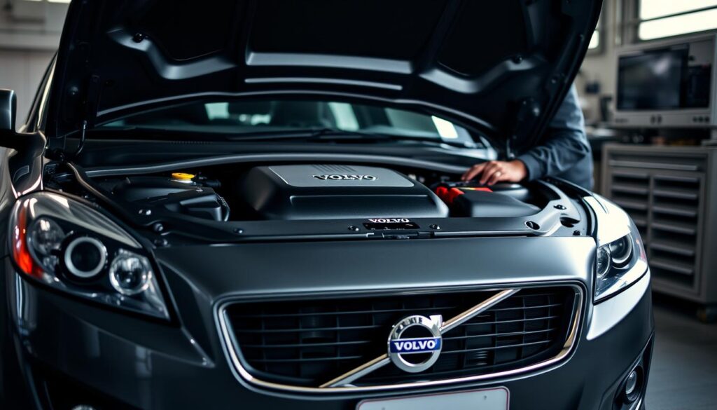 A close-up view of a Volvo C30 car with its hood open, showcasing the intricacies of its engine bay. Highlight the sleek lines of the vehicle and the distinctive Volvo branding prominently on the engine cover. Include diagnostic tools and a mechanic in professional attire inspecting the engine, emphasizing a careful analysis of the components. The background features a well-lit garage environment with soft, diffused lighting that creates a focused atmosphere, casting gentle shadows. Use a shallow depth of field to keep the foreground crisp while subtly blurring the background details. The overall mood should convey a sense of professionalism and technical scrutiny, fitting for an automotive testing section. A close-up view of a Volvo C30 car with its hood open, showcasing the intricacies of its engine bay. Highlight the sleek lines of the vehicle and the distinctive Volvo branding prominently on the engine cover. Include diagnostic tools and a mechanic in professional attire inspecting the engine, emphasizing a careful analysis of the components. The background features a well-lit garage environment with soft, diffused lighting that creates a focused atmosphere, casting gentle shadows. Use a shallow depth of field to keep the foreground crisp while subtly blurring the background details. The overall mood should convey a sense of professionalism and technical scrutiny, fitting for an automotive testing section.