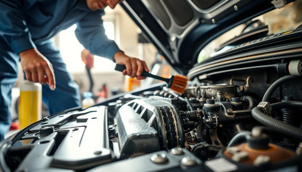 A close-up view of a car engine being meticulously cleaned. In the foreground, a professional technician wearing a blue jumpsuit is using a brush and cleaning solution, focused on a section of the engine. The middle ground highlights various tools scattered around, such as wrenches and degreasers, emphasizing an organized workspace. In the background, soft natural light filters through a garage window, creating a bright and clean atmosphere. The engine itself shows signs of grime and old oil buildup, contrasting with the technician's efforts. The overall mood conveys diligence and the importance of engine maintenance, with a sense of professionalism and care in the process. A close-up view of a car engine being meticulously cleaned. In the foreground, a professional technician wearing a blue jumpsuit is using a brush and cleaning solution, focused on a section of the engine. The middle ground highlights various tools scattered around, such as wrenches and degreasers, emphasizing an organized workspace. In the background, soft natural light filters through a garage window, creating a bright and clean atmosphere. The engine itself shows signs of grime and old oil buildup, contrasting with the technician's efforts. The overall mood conveys diligence and the importance of engine maintenance, with a sense of professionalism and care in the process.