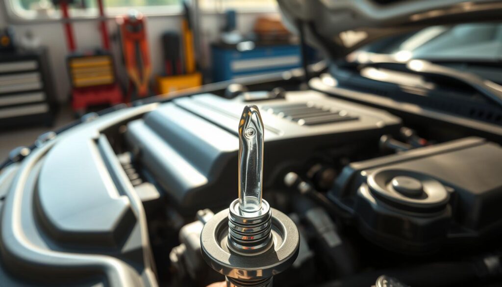 A close-up view of a car engine showing the oil dipstick being pulled out. In the foreground, focus on the dipstick, which should be clean and shiny, indicating proper maintenance. The middle ground features the engine with visible oil pan and various engine components, all well-lit to highlight details. The background shows a garage setting with tools and a workbench, conveying a professional mechanic environment. The lighting should be bright and clean, simulating a sunny day streaming through a workshop window, creating a mood of clarity and inspection. The image should evoke a sense of attention to detail and careful analysis, emphasizing the importance of checking oil levels in a vehicle. No people or text present.