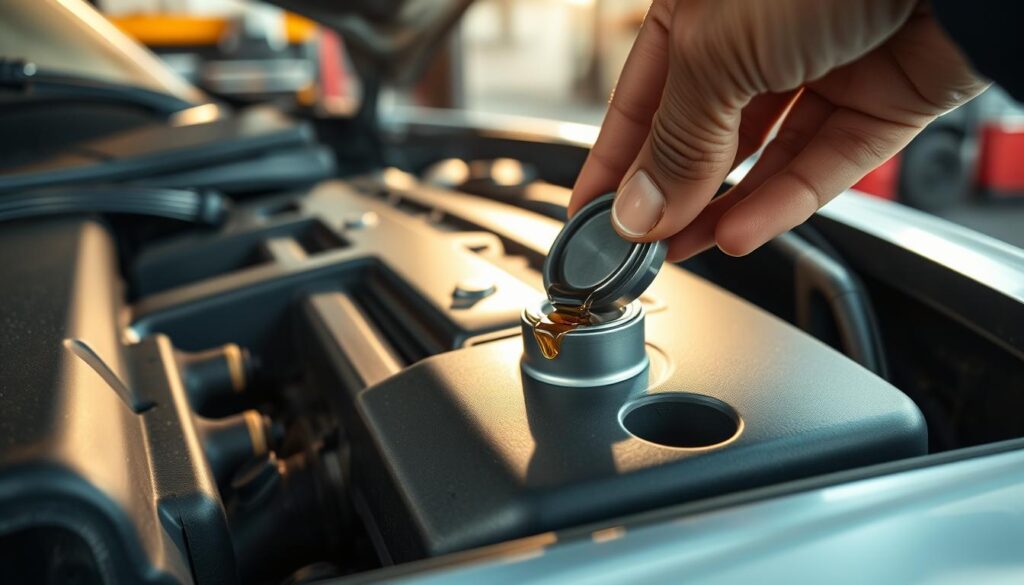 A close-up view of a cold car engine, emphasizing the oil filler cap being removed. The foreground showcases a hand in a professional, modest outfit gripping the cap, with drops of oil glistening in the soft morning light. In the middle, the shiny metallic surface of the engine reflects subtle shadows, highlighting its intricate components. The background features a slightly blurred garage environment with tools and equipment, creating a realistic setting. The scene is illuminated with warm, diffused light, conveying a calm and focused atmosphere. The composition is shot from a low angle, giving a sense of depth and emphasizing the task at hand, making it ideal for an instructional guide on oil replenishment.