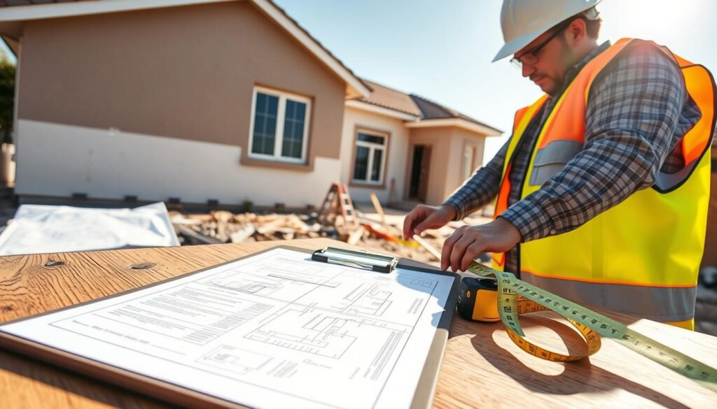 A close-up view of a construction professional in a hard hat and safety vest calculating styrofoam insulation measurements on a house exterior. The foreground features a clipboard with architectural plans and a measuring tape laid out on a wooden table. In the middle ground, we see the house with a partially completed stucco exterior, showcasing sections where styrofoam panels have been applied. Bright sunlight casts soft shadows, creating a clear, focused ambiance. In the background, a construction site with tools and materials strewn about suggests an active project. The overall mood is industrious and efficient, emphasizing precision and professionalism in home insulation tasks.