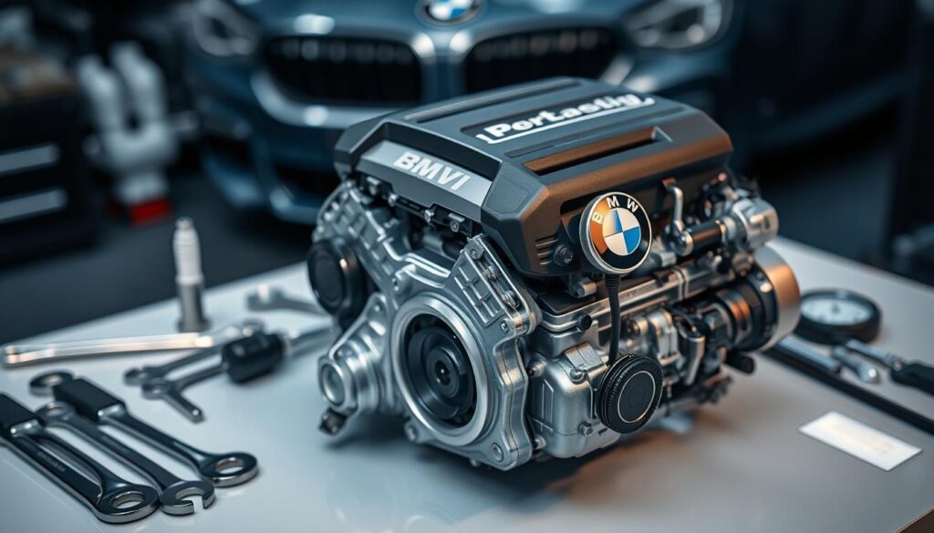 A close-up view of a high-performance BMW engine, showcasing its sleek design and intricate components, with the focus on the reliability features like robust spark plugs and efficient cooling systems. The engine sits on a clean, reflective workbench, surrounded by mechanic tools such as wrenches and gauges that suggest a professional workshop atmosphere. Soft, ambient lighting highlights the metallic surfaces and emphasizes the craftsmanship of the engine. In the background, a blurred image of a modern BMW car adds context without distracting, while maintaining a sense of focus on the engine itself. The mood is serious and technical, aiming to convey trust and dependability in the design of the engine.