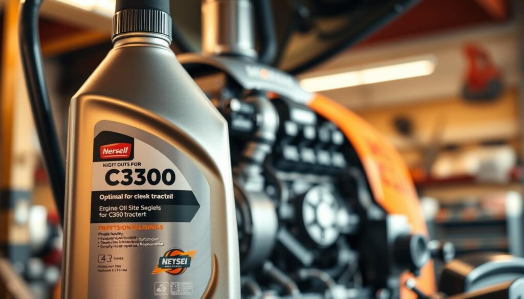 A close-up view of a high-quality engine oil specifically designed for the C360 tractor. In the foreground, a sleek metal engine oil bottle with a prominent label indicating its optimal specifications, reflecting professional packaging design. The middle ground features an open, well-maintained C360 tractor engine, showcasing the oil's intended application, highlighting intricate engine components with a focus on cleanliness and quality. The background includes a blurred workshop setting, with tools and machinery subtly visible, creating an industrious atmosphere. Utilize warm, natural lighting to emphasize the bottle’s features and the engine’s detail, capturing a professional and serious mood. The image should convey trust and expertise in engine maintenance. A close-up view of a high-quality engine oil specifically designed for the C360 tractor. In the foreground, a sleek metal engine oil bottle with a prominent label indicating its optimal specifications, reflecting professional packaging design. The middle ground features an open, well-maintained C360 tractor engine, showcasing the oil's intended application, highlighting intricate engine components with a focus on cleanliness and quality. The background includes a blurred workshop setting, with tools and machinery subtly visible, creating an industrious atmosphere. Utilize warm, natural lighting to emphasize the bottle’s features and the engine’s detail, capturing a professional and serious mood. The image should convey trust and expertise in engine maintenance.