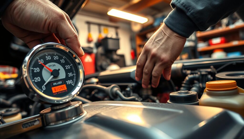 A close-up view of a mechanic's hands expertly working on a car engine, adjusting the oil pressure gauge. The foreground features a shiny, detailed oil pressure gauge prominently displaying readings, with a wrench and oil can nearby. In the middle ground, the engine is partially visible, showcasing intricate parts like the oil filter and pump, with vibrant colors that suggest cleanliness and maintenance. The background includes a cluttered garage environment with tools and parts, illuminated by warm overhead lights, creating a focused, industrious atmosphere. The scene conveys a sense of expertise and problem-solving, highlighting the essential task of increasing oil pressure in a vehicle. The angle is slightly tilted to create dynamic visual interest.